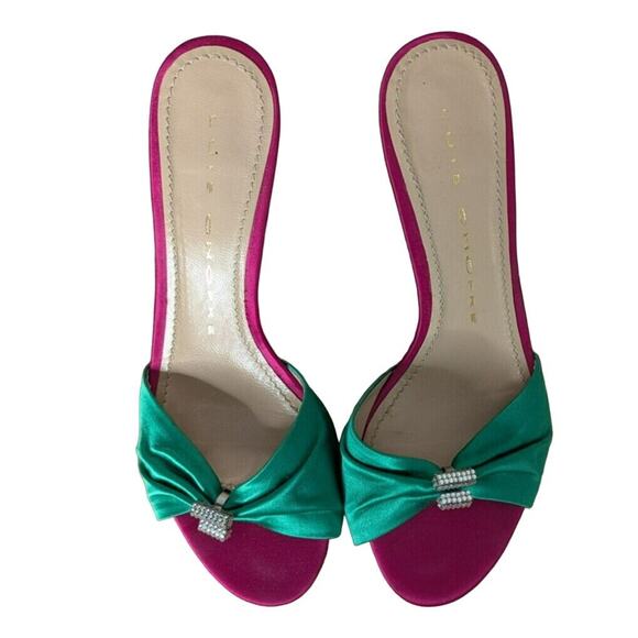 Luis Onofre Satin Bow Heels 6.5 Green Pink Jewel Slip On Designer Sandals Shoes - Picture 5 of 7